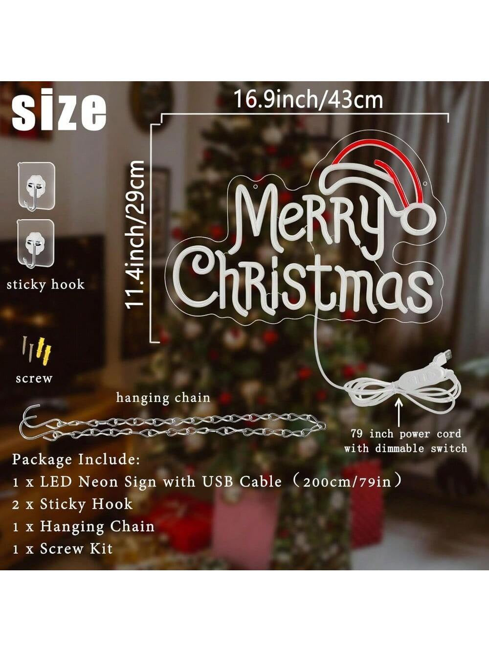 Merry Christmas Neon Signs, Warm White Merry Christmas Neon Light for Christmas Decoration, LED Christmas Lights Sign for Christmas, Bedroom, Home Living Room, Christmas Party, New Year