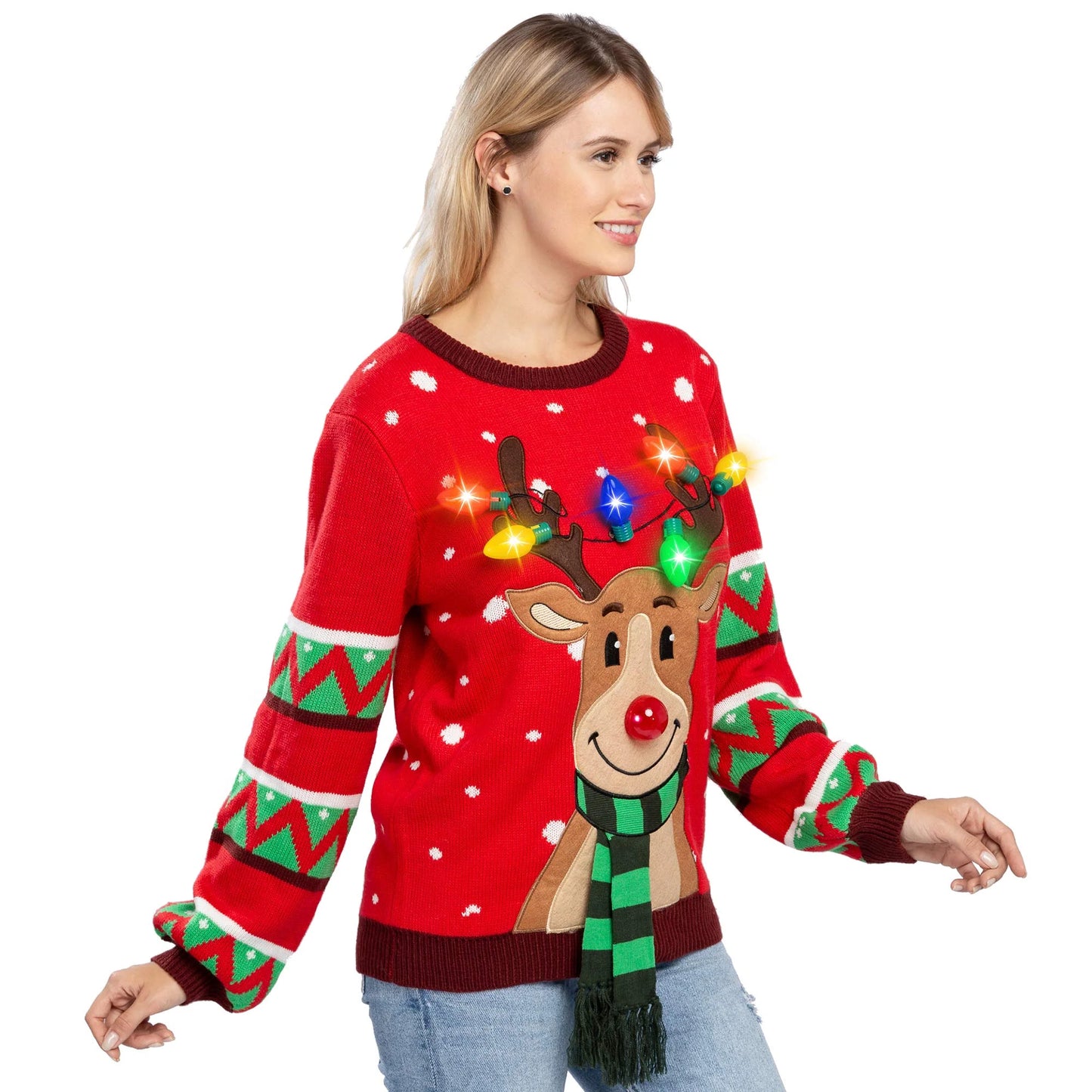 Women Reindeer Ugly Sweater with Light Bulbs