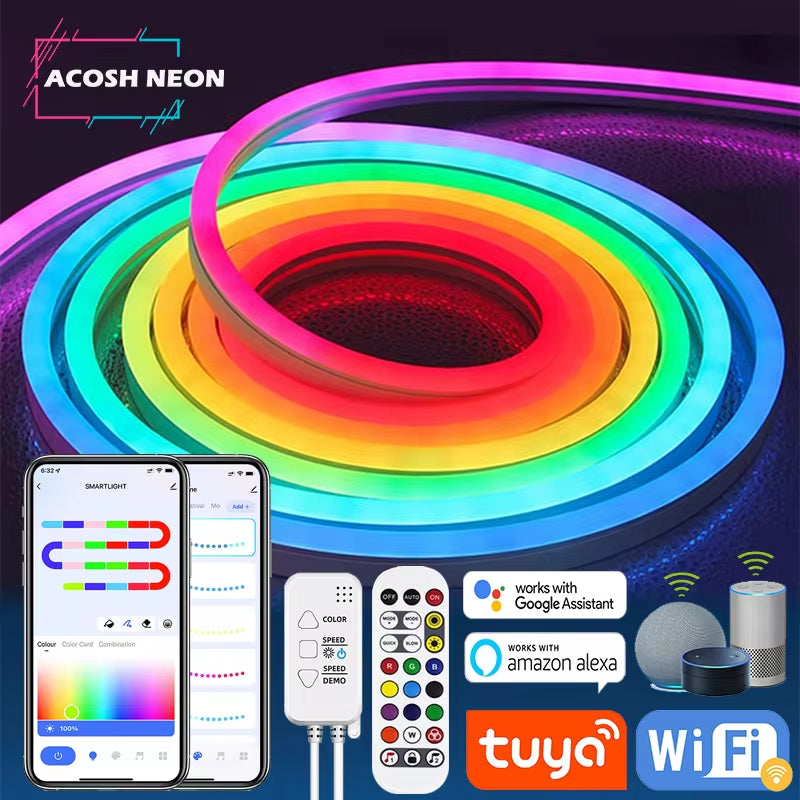 TUYA Neon LED Strip Lights 12-24V 84Leds/M Silicone Neon Rope Light with Music Sync RGBIC Dreamcolor Chasing Strip Tape for Room