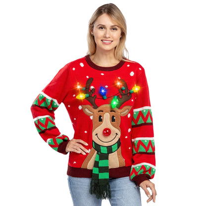 Women Reindeer Ugly Sweater with Light Bulbs