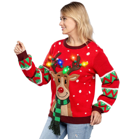 Women Reindeer Ugly Sweater with Light Bulbs
