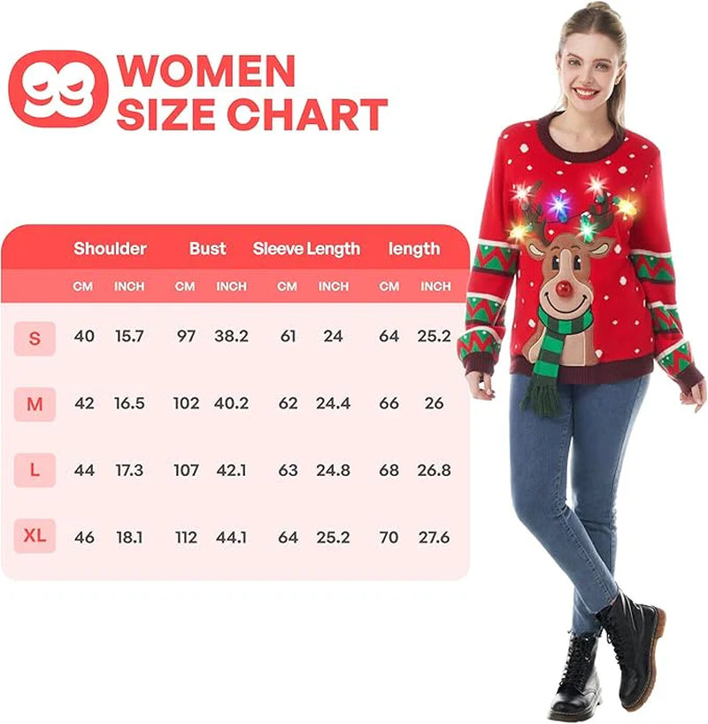 Women Reindeer Ugly Sweater with Light Bulbs