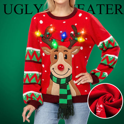 Women Reindeer Ugly Sweater with Light Bulbs