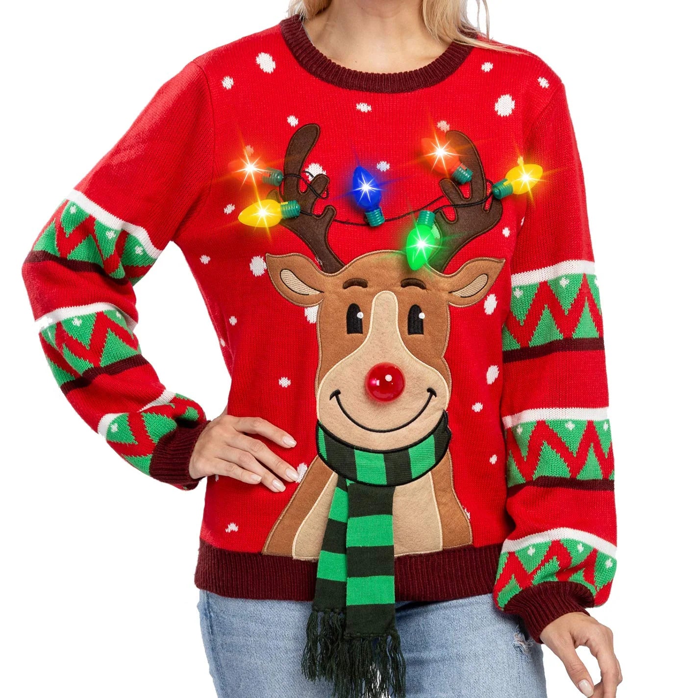 Women Reindeer Ugly Sweater with Light Bulbs